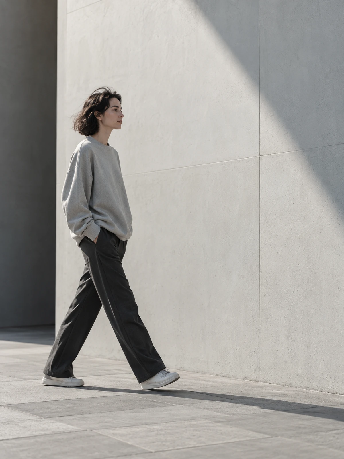 Persona adulta in abiti grigi e pantaloni scuri che cammina accanto a una parete illuminata dal sole. / An adult in a grey top and dark trousers walking beside a sunlit wall.